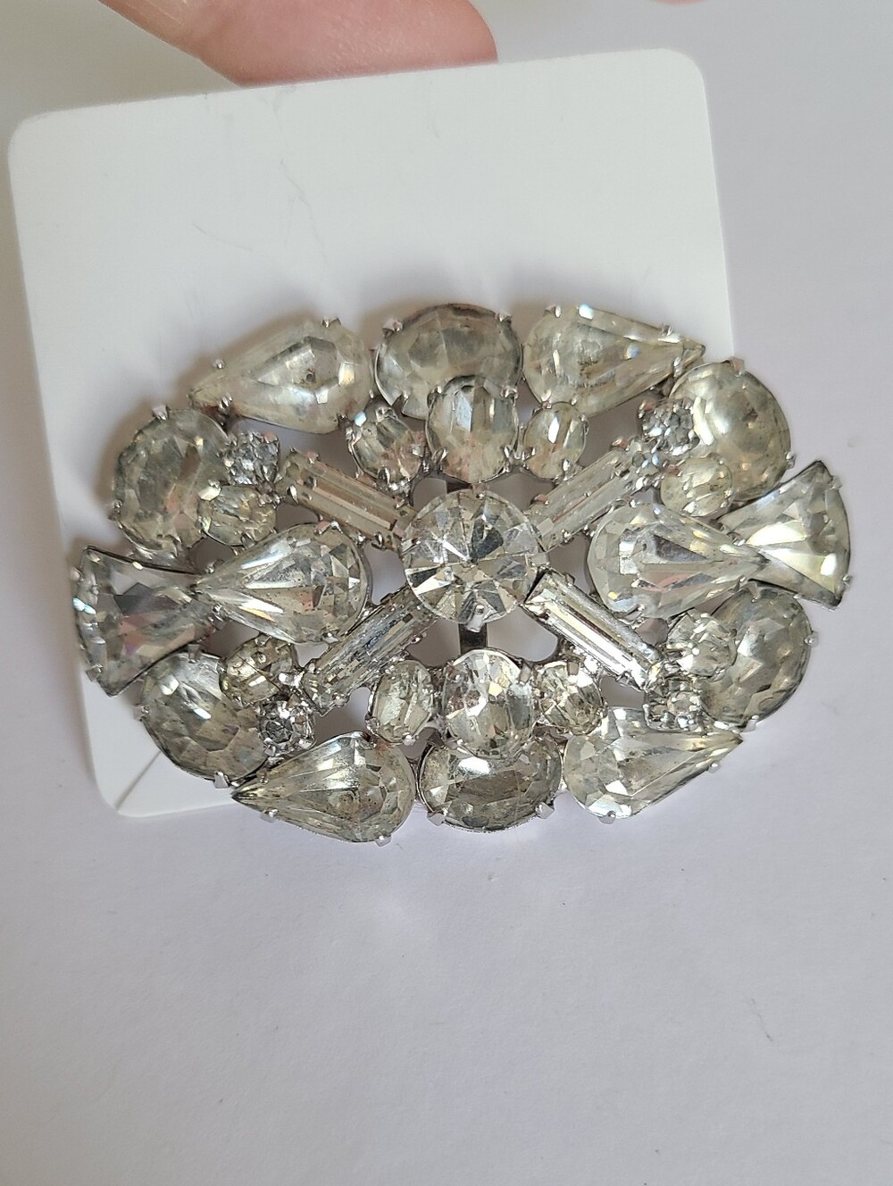 Vintage Large Silver Tone Geometric Rhinestone Mid Century Oval Brooch Pin